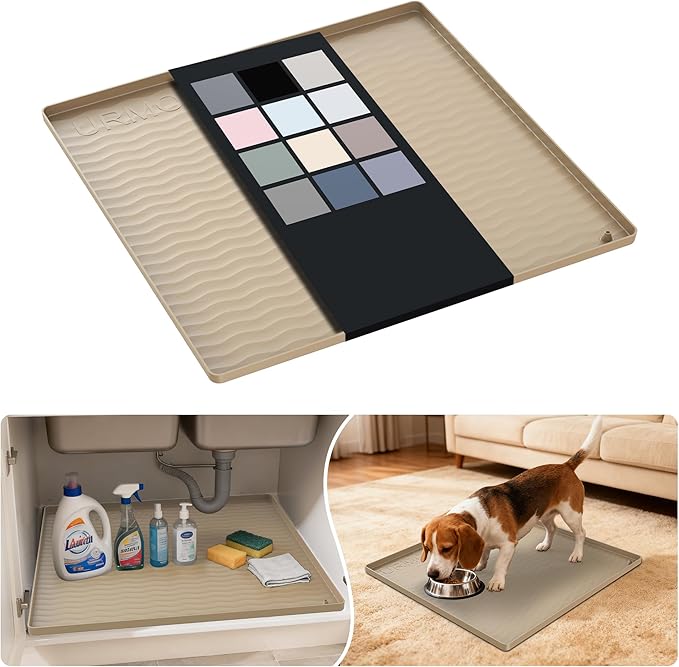 URMONA Waterproof Silicone Under Sink Mat 19'' x 19'' Shelf Liner for Kitchen and Bathroom, Cabinet and Counter Protector, Storage and Organizers, Litter Mat, Pet Cat Puppy Essentials(Khaki)