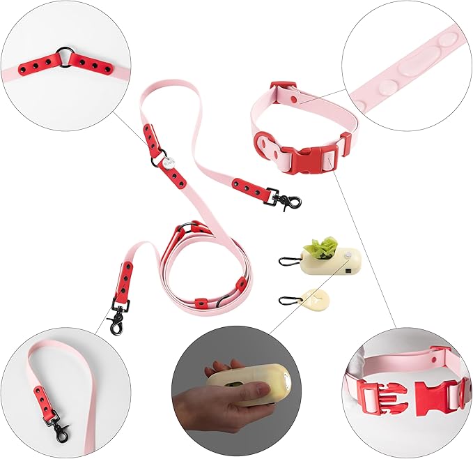 WLK1005G-5SET Luna Medium 8FT Adjustable 6-in-1 Waterproof Hands-Free Leash and Collar with LED Flashlight, Bag Dispenser, and Poop Bag Holder, Paloma