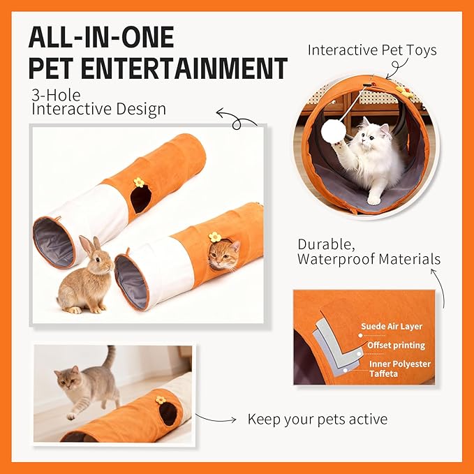 Large Cat Tunnels for Indoor Cats, Durable & Collapsible Play Tubes and Tunnels with Crinkle Sound & Balls for Adult Cats & Kittens (Orange)