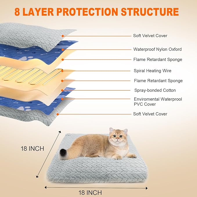 ENJOY PET Heated Cat Bed Indoor, 12 Level Timer and Temperature Cat Heating Pad, Electric Pet Heating Pad for Puppy Cats Dogs with Chew Resistant Steel Cord Heated Pet Bed