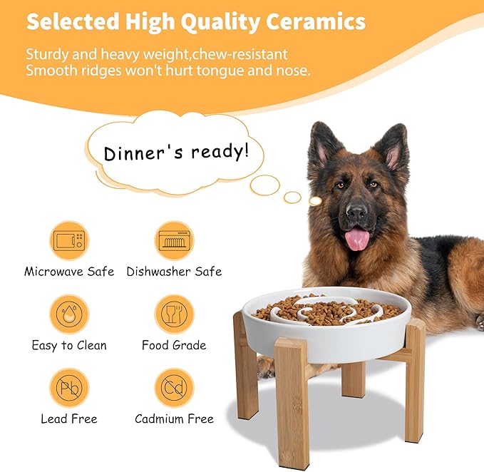 Elevated Slow Feeder Dog Bowl - Ceramic Food Dish with Bamboo Stand - Raised Maze Design - Ideal for Medium to Large Dogs - White - 8.8 inch
