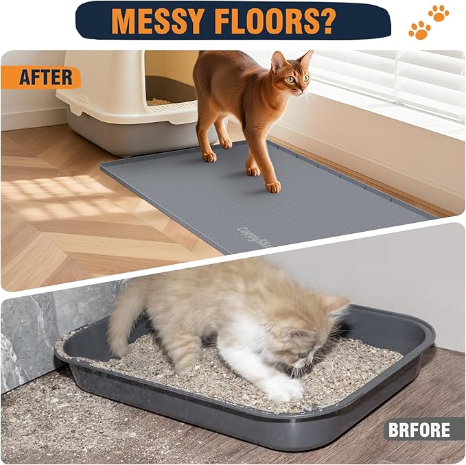 Large Cat Mat for Litter Box, 34"x22" Waterproof Silicone Mat with Litter Trapping, Easy Clean & Non-Slip Floor Pad for Indoor Cats, Black
