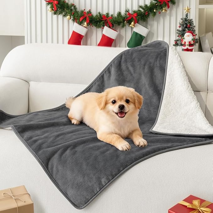 Smiry Waterproof Dog Bed Blanket, Leakproof Pet Throw Blanket for Bed Couch Sofa, Reversible Sherpa Fleece Furniture Protector Cover for Small Medium Large Dogs Cats (Dark Grey, 32x40 inches)