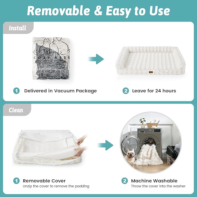 Faux Rabbit Fur Orthopedic Dog Bed, Large Dog Bed, Supportive Foam Pet Sofa with Waterproof Lining Cover, Washable U-Shaped Pet Couch with Anti-Slip Bottom Design, Beige XL 42x30x7 inch