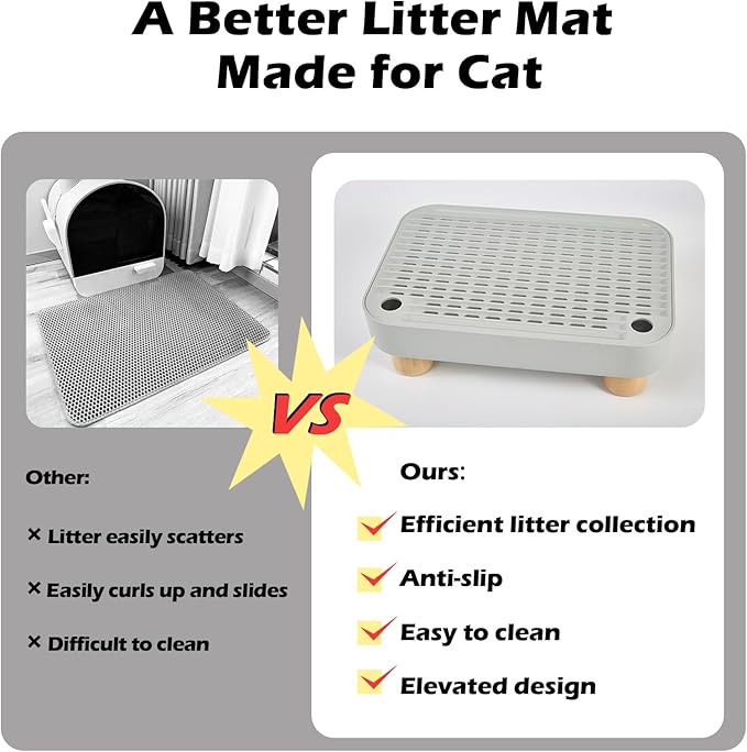 SpaceTime Elevated Cat Litter Mat for Litter Box,Trapping Litter Ramp/Steps for Floor Indoor,Washable Easy Cleaning Cat Pad with Filter Function,Suitable for Kitty & Senior Cats (Grey-Elevated Wooden)