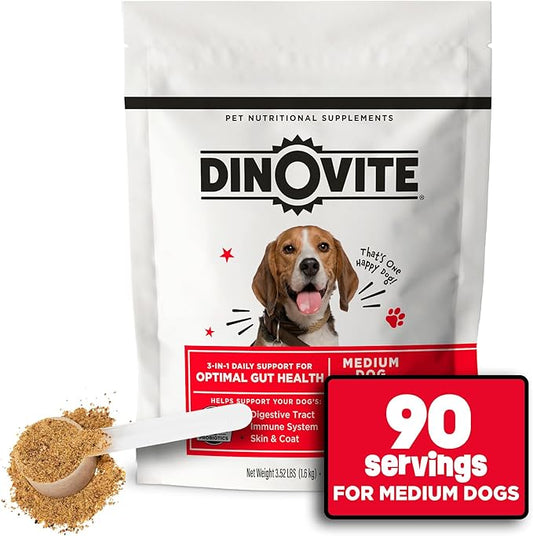 Dinovite 3 in 1 Probiotic for Medium Dogs, Skin & Coat, Digestive Health & Joint Relief, Dog Food Toppers, Immune Support, Allergy Relief & Itch Relief Skin Care, 90 Servings (18-45lb)