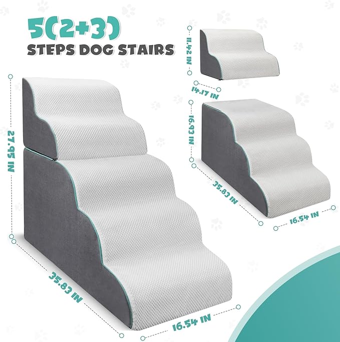 Dog Stairs Ramp for Small Dogs,5-Step Dog Steps,Foldable Pet Stairs for High Beds and Couch,Curved 2 in 1 with Zippers Non-Slip Balanced Pet Ramp and CertiPUR-US Certified Foam,Grey