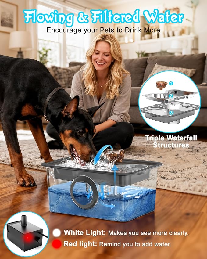 Stainless Steel Dog Water Fountain: 3-Gal Large Capacity, Ultra Quiet with Filter for Fresh Flow Water | Perfect for Large Breed Dogs& Multi-Pet Homes, 2m Long Power Cord for Indoor and Outdoor Use