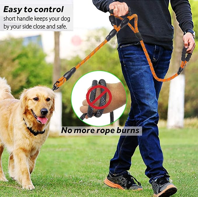 JSXD Heavy Duty Double Handle Dog Leash - 5 FT with Comfortable Padded & Reflective Rope for Small, Medium, Large Dogs (Rope-Orange)