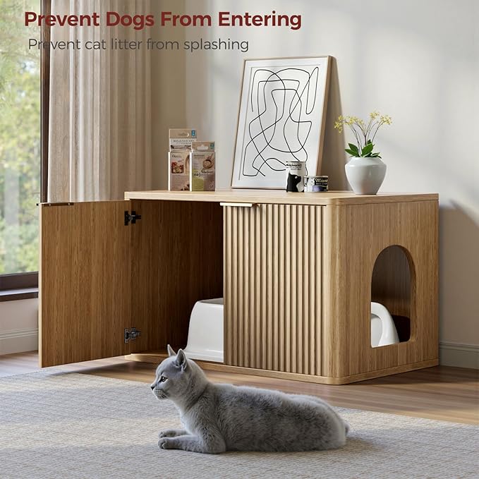 Evermagin 31.5" Oak Cat Litter Box Enclosure Furniture, Large Hidden Litter Box Cabinet, Entry Can Install Left/Right, Mid Century Modern Fluted Kitty End Table for Living Room, Entryway, Bedroom