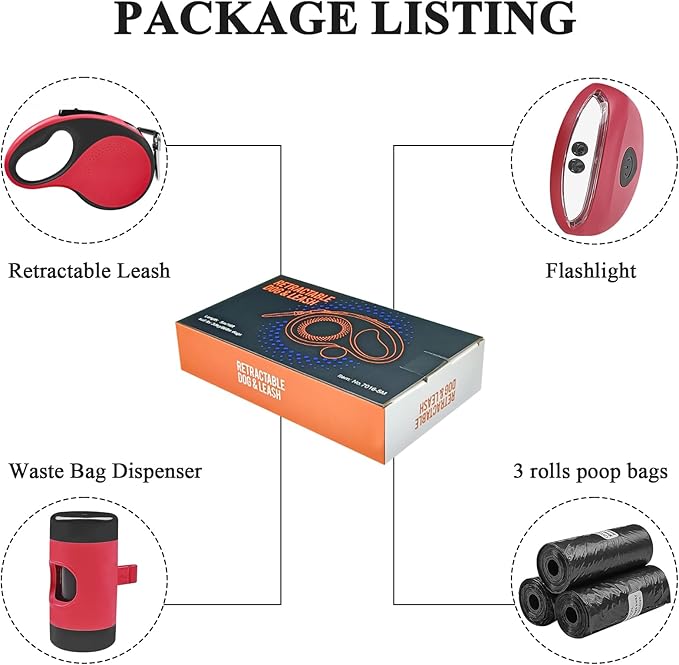 Retractable Dog Leash with Light - 26Ft Leashes with Poop Bag & Holder, One Button Break & Lock, 360°Tangle Free, Anti Slip Grip, Red