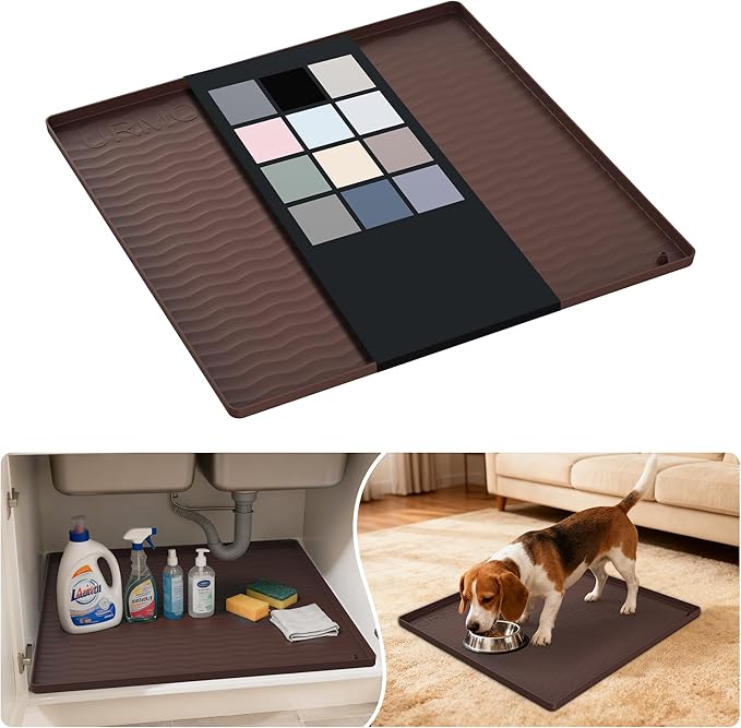 URMONA Waterproof Silicone Under Sink Mat 19'' x 19'' Shelf Liner for Kitchen and Bathroom, Cabinet and Counter Protector, Storage and Organizers, Litter Mat, Pet Cat Puppy Essentials(Brown)