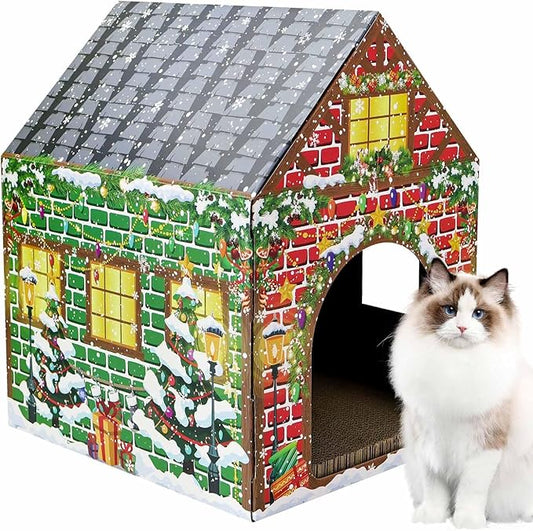 Christmas Cardboard Cat House with Scratch Pad Large Christmas Cat Scratching Playhouse Scratcher House for Indoor Xmas Cats Cardboard Cat Play Box (Red and Green)