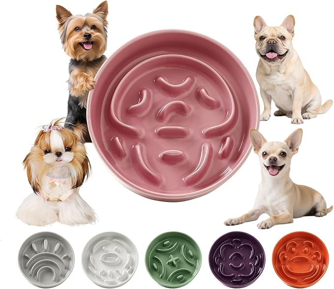 Ceramic Dog Slow Feeder Bowl - Small Dog Food Dish with Maze Puzzle Design - Slow Eating Puzzle Feeder for Pet Feed & Food Control - Whisker-Friendly Bowl for Cat Feeding - 6.3 Inch - 180 g - Pink