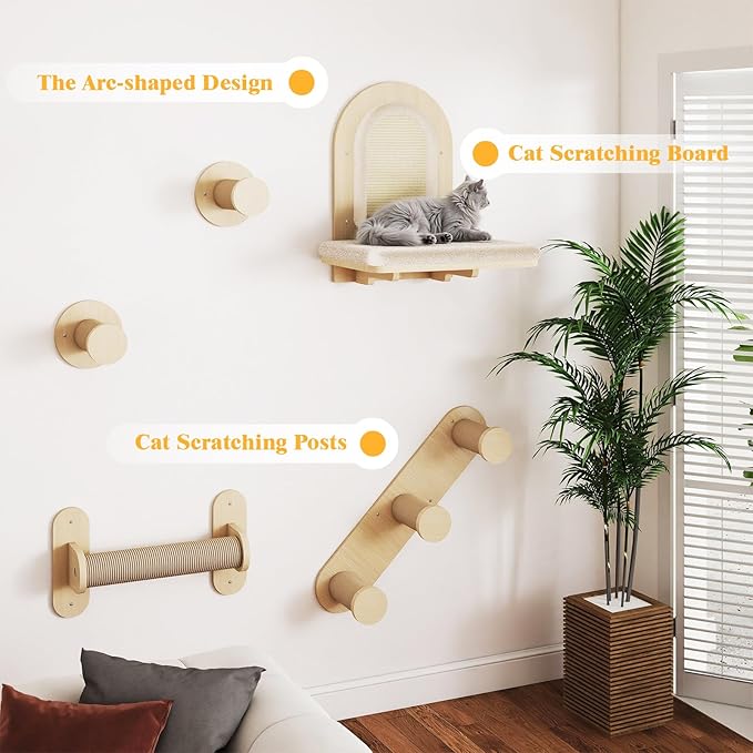 BYBYME 7Pcs Cat Wall Shelves, Solid Wood Indoor Cat Tree, Multi-Levels, Sturdy Wooden Wall Mounted Climbing Frames with Scratching Posts, Kitten Platform and Bed（Natural Wood）