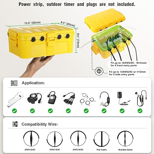 Flemoon Large Outdoor Electrical Box (12.5 x 8.5 x 5 inch), IP54 Waterproof Extension Cord Cover Weatherproof, Protect Outlet, Plug, Socket, Timer, Power Strip, Holiday Light Decoration, Yellow