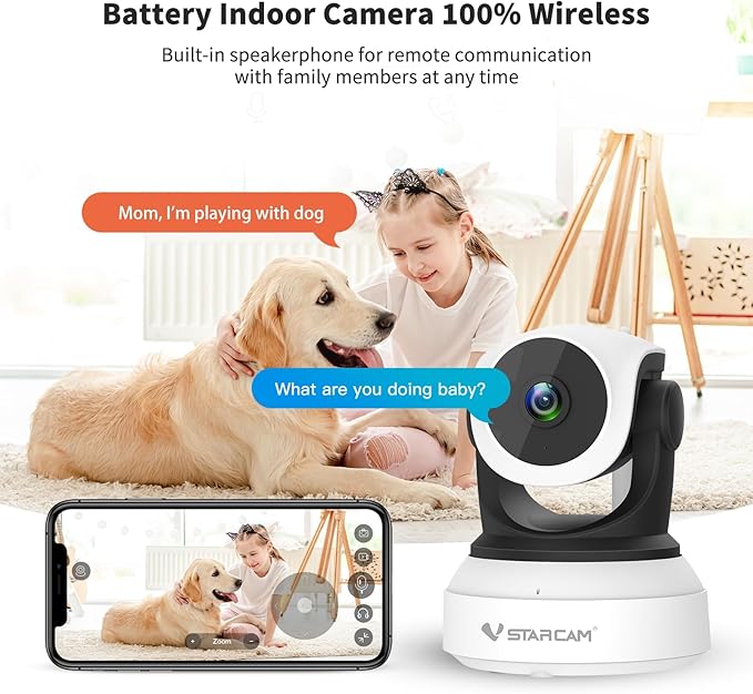 VSTARCAM Indoor Camera with Battery Powered, 2K with 360° Rotation, Human/Motion Detection with Auto Tracking, 2-Way Audio & DIY Voice, 2.4GHz WiFi Wireless, Cloud & SD Card Storage(up to 256GB)