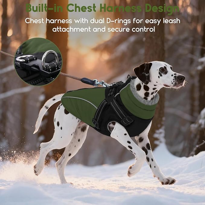ASENKU Reflective Dog Coat with Built-in Harness, Windproof Fleece-Lined Dog Jacket for Small, Medium, Large Dogs, Warm Winter Vest with Turtleneck & Zipper (Green 3XL)