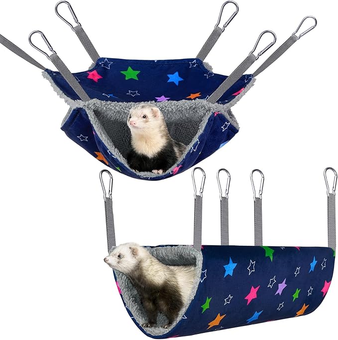 Bienbee 2 Pcs Ferret Rat Hammock Set for Cage Washable Guinea Pig Hideout Bed Soft Small Animal Hammock Tunnel Toys Ferret Cage Accessories for Hedgehog Sugar Glider Squirrel Hamster, Blue Stars