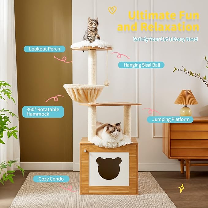Made4Pets Cat Tree with Litter Box Enclosure, 2-in-1 Modern Cat Tower for Indoor Cats, 48.6" Wood Kitten Condo with Scratching Post and Hammock, Removable Scratch Pad for Large Cats