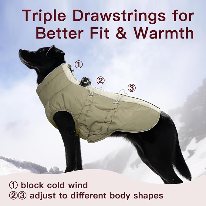 Dog Winter Jacket - Large, Warm Zip Up Snowsuit Dog Harness Vest, Reflective, Water-Resistant, Apricot