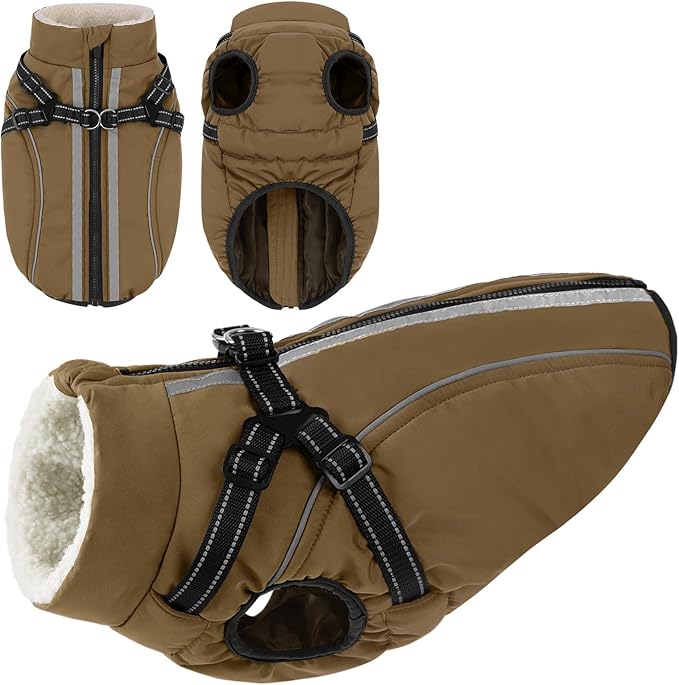 Dog Winter Coat with Harness Built in Warm Puffer Dog Jackets for Small Medium Large Dogs Windproof Waterproof Outfit with Plush Lining and Reflective Stripes (Brown, S)