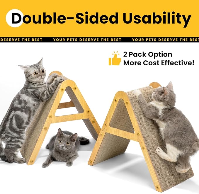 A-Frame Cat Scratching Board, Recycled Cardboard & Wood Frame, Dual-Sided Vertical Horizontal Cat Scratcher for Indoor Kittens, Ideal for Multiple Cats- 2 Pack, Light Wood, Small