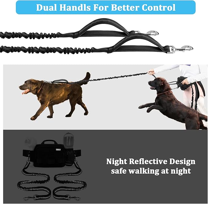 ETACCU Hands Free Dog Leash with Zipper Pouch, Waist Belt for Large Medium 2 Dogs for Running, Walking, Jogging and Hiking, Dual Padded Handles and Durable Bungee - Black