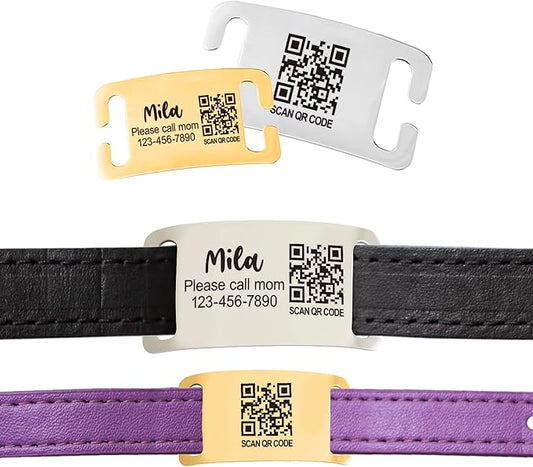 Scannable QR Code Pet ID – Silent Slide-On Custom Name Plate for Collars and Harnesses, Personalized Lost & Found Info