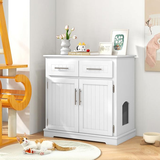 Tangkula Litter Box Enclosure, 32 Inch Enclosed Cat Box Cabinet with 2 Storage Drawers & Double Doors, Hidden Cat Washroom, Modern Cat Litter Box Furniture for Indoor Cats