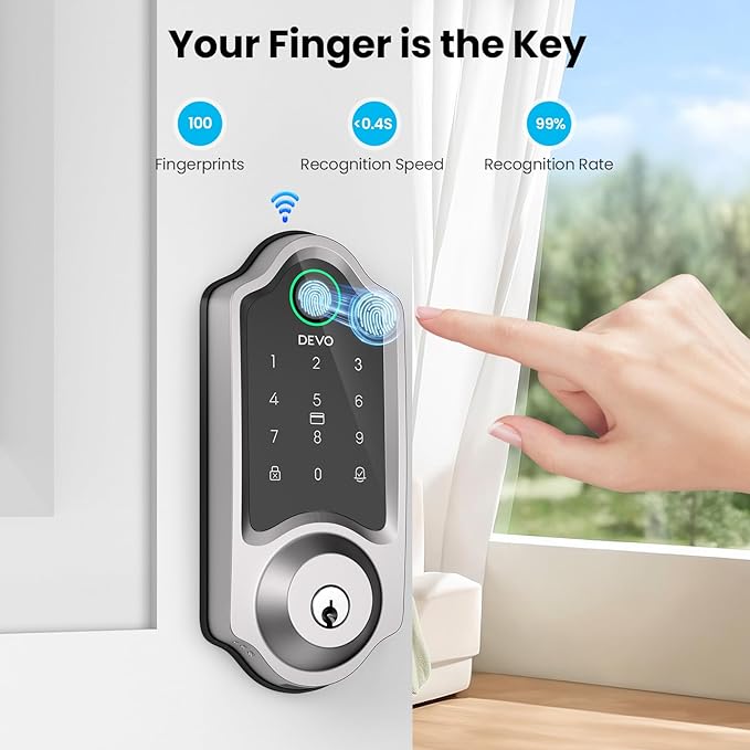 DEVO G8 Smart Lock, 6-in-1 Fingerprint Keyless Entry Door Lock with Doorbell, Built-in Wi-Fi, APP Remote, Auto-Lock, Front Door Smart Deadbolt, Easy Install, IP54 Waterproof