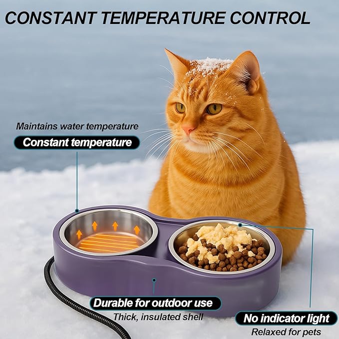 Pet Heated Bowl for Cat Dog, Freeze-Proof Warming Animal Food Feeder with Anti-Chew Cord,Waterproof & Thermostat Heating Bowls Removeable, (2 x 23 fl oz, Purple)