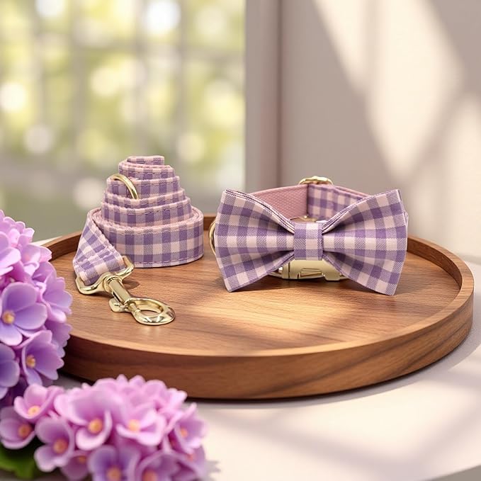 PETDURO Personalized Dog Collar Pink Purple Gingham Plaid for Large Medium Dogs | Engraved Name and Phone Number on Gold Metal Buckle for Girls | Add Leash & Bow Tie via Customize Now