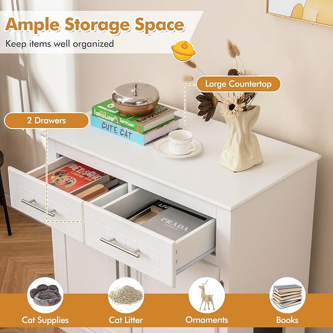 Tangkula Litter Box Enclosure, 32 Inch Enclosed Cat Box Cabinet with 2 Storage Drawers & Double Doors, Hidden Cat Washroom, Modern Cat Litter Box Furniture for Indoor Cats
