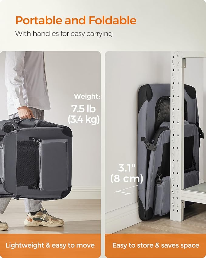 Feandrea 28 Inches Collapsible Soft Dog Crate, Portable Travel Dog Crate for Indoor and Outdoor Use, Dog Carrier Kennel with Safety Zippers, for Living Room, Car, Travelling, Camping, Gray UPDC70GY