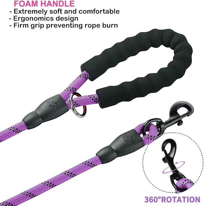 JSXD 5 FT Heavy Duty Double Handle Dog Leash with Comfortable Padded and Reflective Rope, for Small, Medium, Large Dogs (Rope-Purple)