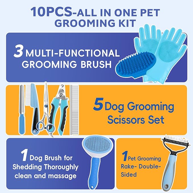 Bath Grooming Kit for Pets, 10pcs Dog Brush for Shedding with Dog Nail Clipper and Trimmer, Dog and Cat Grooming Supplies, Dematting Comb for Dogs, Pet Bath Supplies