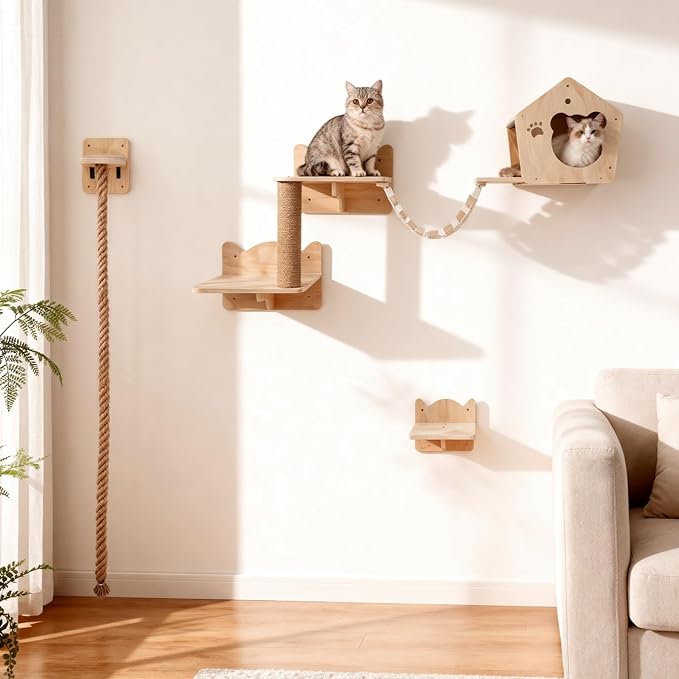 Cat Wall Shelves, Multi-Level Cat Climbing for Indoor Cats, DIY Wall-Mounted Cat Furniture Set with Toys for Play & Rest