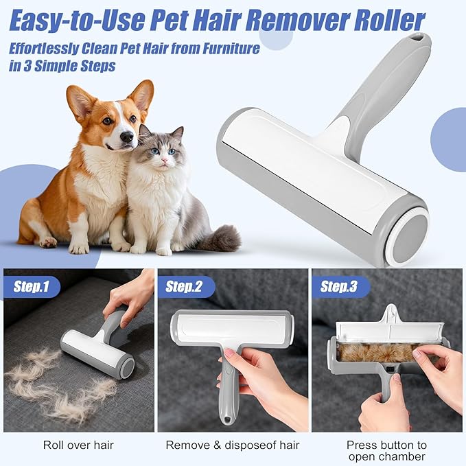 Pet Hair Removal Tool, Self Cleaning Pet Hair Remover, Reusable Lint Roller with Large Capacity Dust Bin, Ergonomic Grip for Furniture, Car Seats, Sofa, Carpet, Bed (Grey/White)