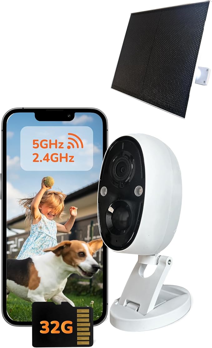 Sensforge 2.5K Solar Powered Outdoor Battery Camera, Smart AI Detection, 5W Solar Panel, Spotlight & Color Night Vision, Dual-Band WiFi (2.4/5GHz), 32GB SD Card, IP65 Weatherproof, No Fees