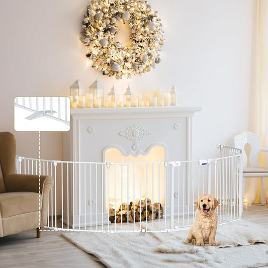 Dog Gate 27.5"-199" Extra-Wide Playpen, Freestanding Pet Gate, Puppy Fence with Auto-Close Door, Double Locking System for Fireplace, Foldable, Foldable (White, 8 Panels)