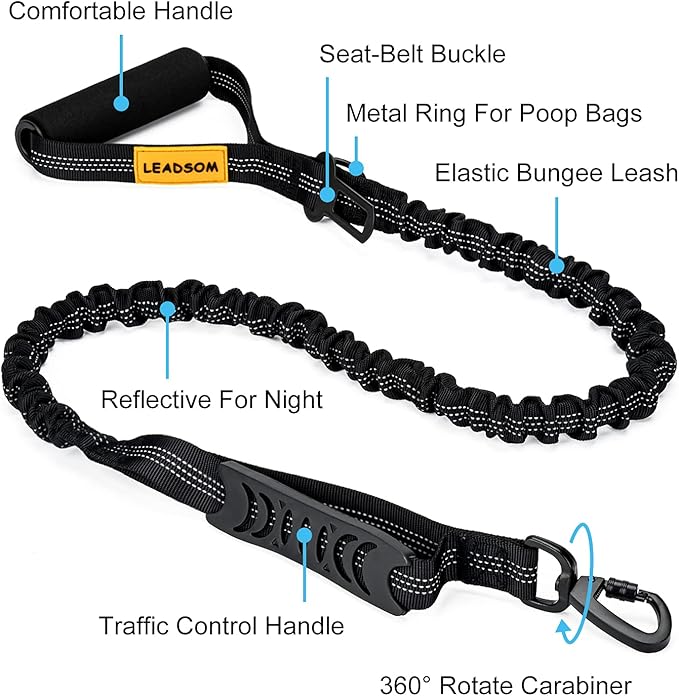 6FT Highly Reflective Heavy Duty Elastic Bungee Medium and Large Dog Leash Shock Absorbing with Comfortable Padded Handle and Traffic Handle Suitable for Training