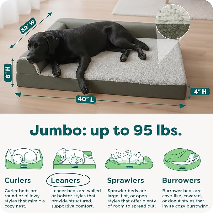 FurHaven Orthopedic Dog Bed for X-Large Dogs, L-Shaped Chaise Contour Mattress with Egg Crate Orthopedic Memory Foam for Joint Support, Removable Washable Cover, Jumbo XL, Faux Fur & Suede, Dark Sage