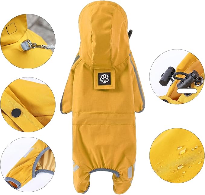 Pet Rain Jacket – Hooded Waterproof Coat, Reflective Lightweight Poncho, Four-Leg Dog Rain Cover with Adjustable Fit | Perfect Use for Small Medium Large Dogs Cats Outdoor Adventure