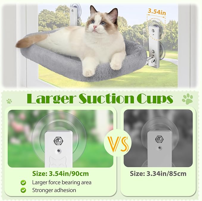 keny Cat Window Perch with Soft Plush Cushion Bed, Cordless Cat Window Hammock with 3.54" Larger Suction Cups, Easy to Assemble Cat Window Bed Seat for Indoor Cats, Grey