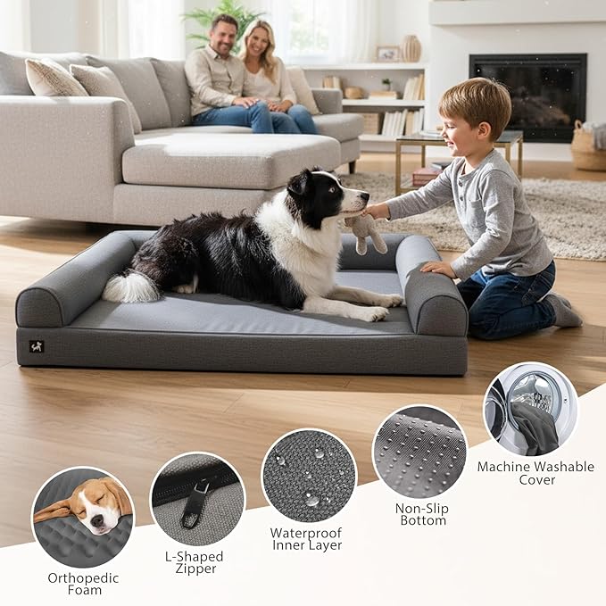Sytopia 42in Chew Proof Dog Beds for Large Sized Dogs, Waterproof Egg Crate Foam XL Orthopedic Pet Bed with Removable Washable Cover, Non-Slip Bottom, Supports up to 100 lbs for Senior Pet, Dark Gray
