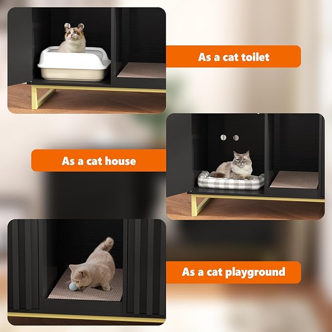 Double Litter Box Enclosure,Modern Cat Litter Box Enclosure for 2 Cats, Hidden Litter Box with Cat Scratch Pad, Cat Washroom Cat House End Table, Entryway Bench for Livingroom (Black)