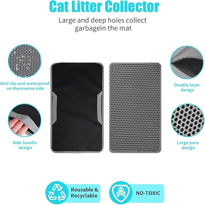 Cat Litter Mat, Kitty Litter Collector, Double Layered Honeycomb Design Waterproof, Anti Urine, Anti Slip, Easy to Clean, Limit Garbage (35"x24", Grey)