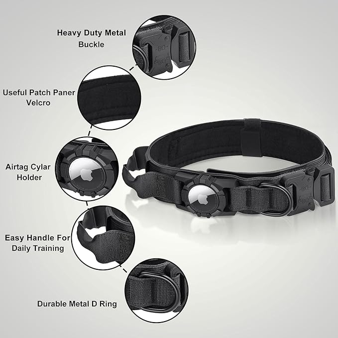 Upgraded Airtag Dog Collar Waterproof, Adjustable GPS Training Nylon Dog Collar with AirTag Holder, Control Handle and Quick-Release Buckle for Medium and Large Dogs (Black, L)