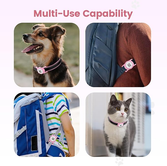Smart Pet Tracker for Collar - Dog Trackers Location for Pet with Holder, No Monthly Fee, Real-Time Tracking, iOS Only, Emergency Contact, Long-Lasting, Anti-Lost Tracker for Cats, Bag Straps,Pink